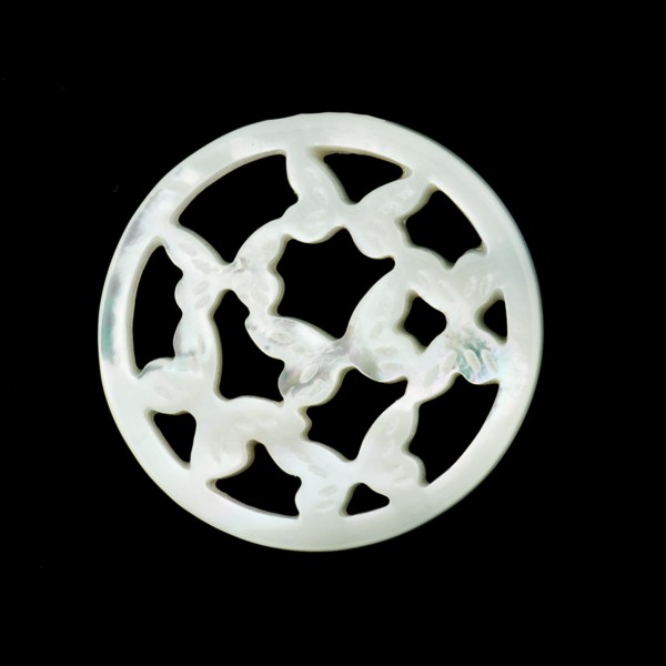 Perlmutt, weiß, Ornament, Schmetterling, rund, 20 mm