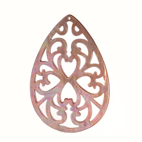Perlmutt, braun, Ornament, Birnenform flach, 50x35 mm