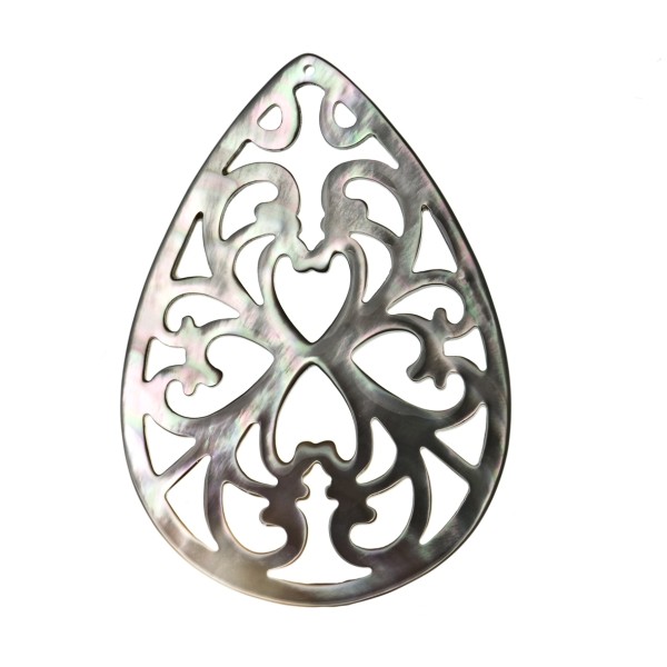 Mother-of-pearl, grey, ornament, pear shape, flat, 50x35 mm