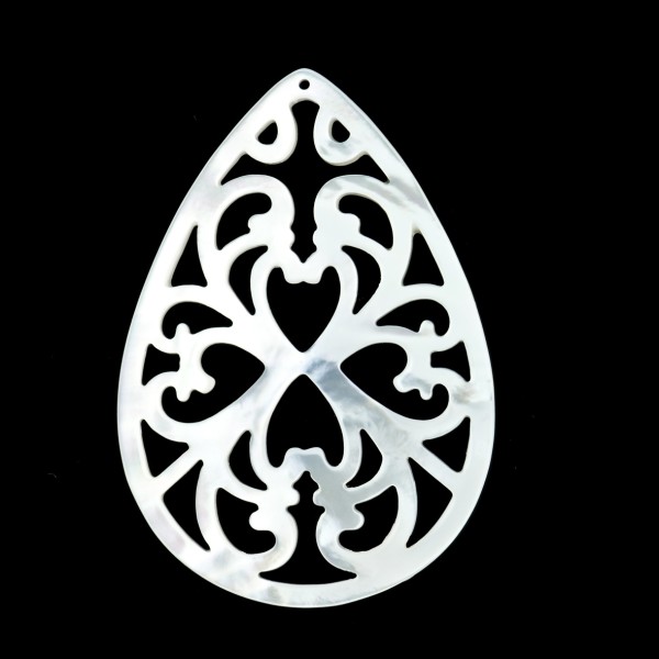 Mother-of-pearl, white, ornament, pear shape, flat, 50x35 mm